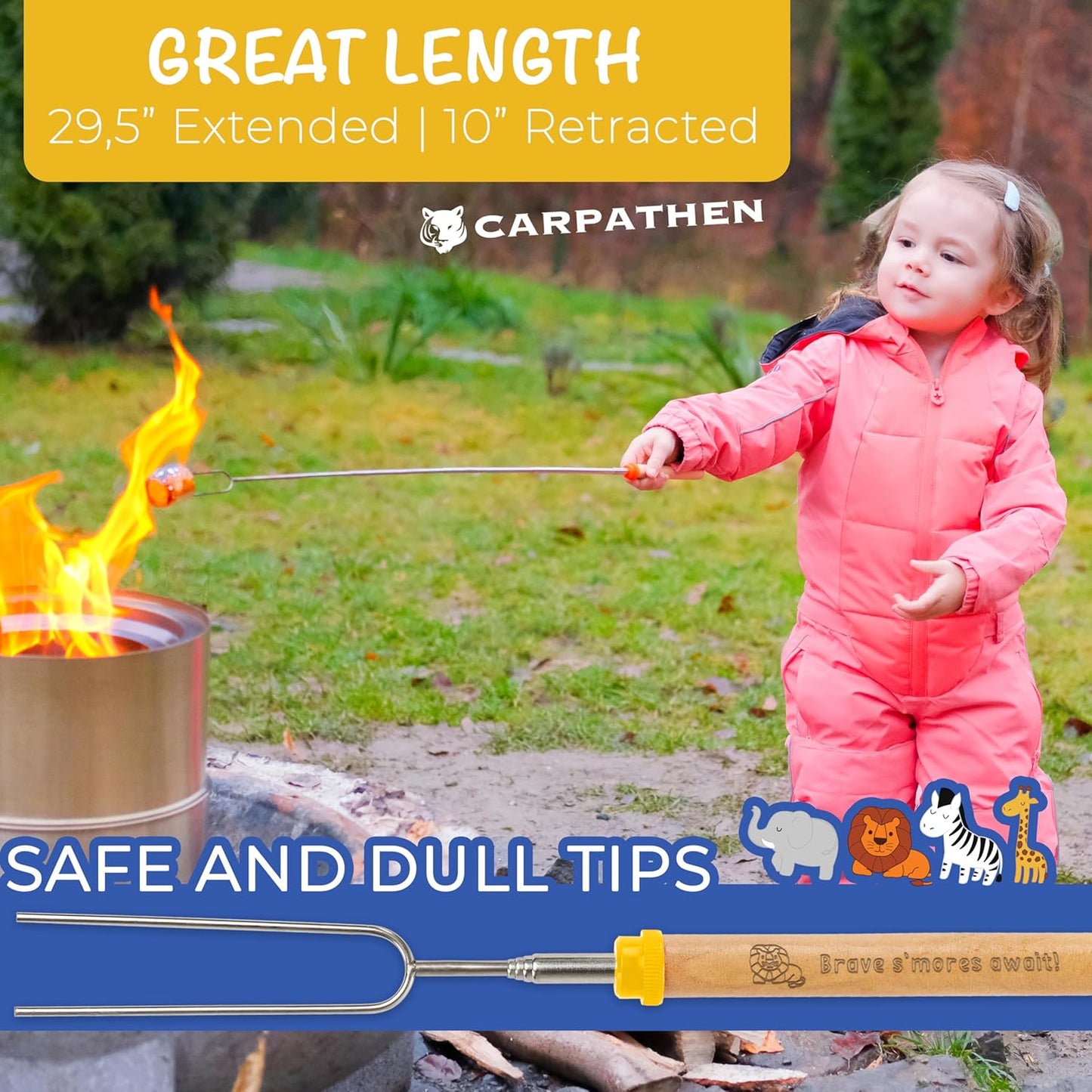 CARPATHEN Marshmallow Roasting Sticks - Set of 6 Premium Rotating Smores Sticks - Extra Long Telescoping Marshmallow Sticks for Fire Pit, Campfire & Bonfire - Camping Accessories