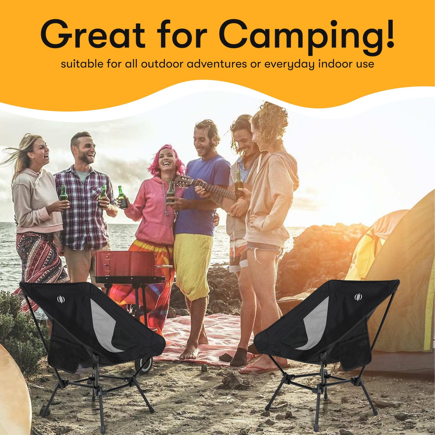 D-LO Ultralight Camping Chair - Black - Upgraded Dual Pocket - High Strength 600D Oxford Fabric - 7075 Aluminum Alloy - Great for Camping, Hiking, Lounging