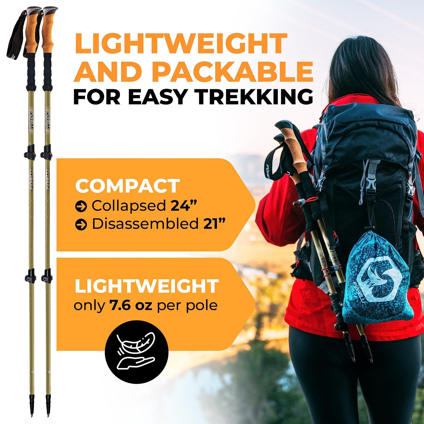 Foxelli Hiking Poles Bundle (2 Pairs) – Black & Khaki Collapsible Lightweight Carbon Fiber Trekking Poles with Accessories