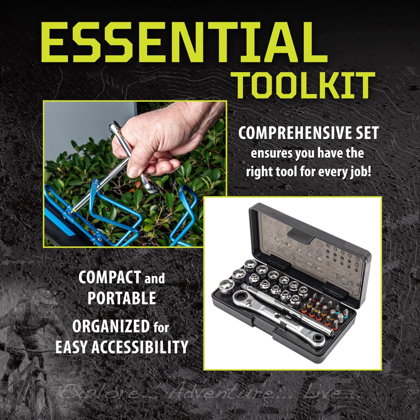 Kilimanjaro 30-Piece Bicycle Double Ratchet Wrench and Socket Set – Super Short Bike Tool Kit with Ratchet Wrench, Hex, Torx & Bits for Tight Spaces – Compact & Portable Maintenance Kit – 910547ECE