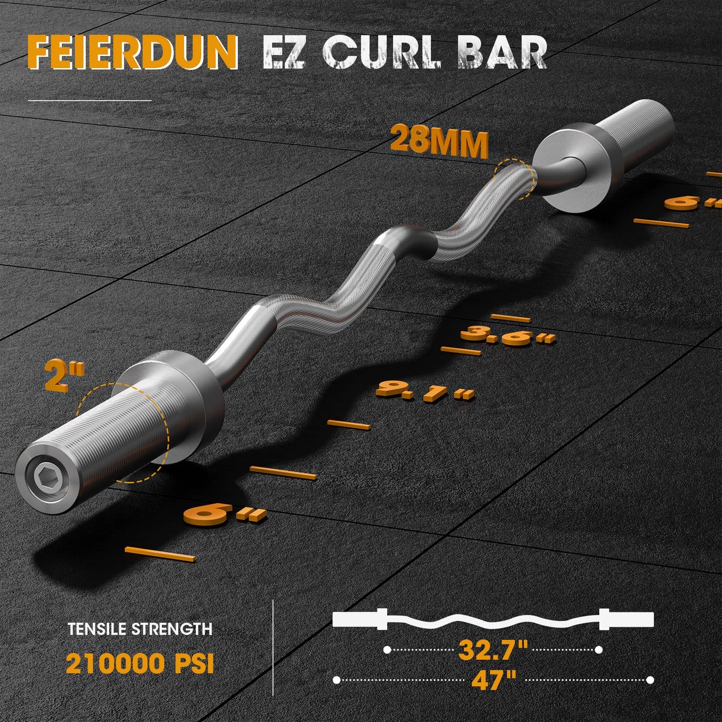 FEIERDUN Olympic EZ Curl Bar - 47" Weightlifting Curling Barbell (420LBS Capacity), Suitable for 2-Inch Weight Plates