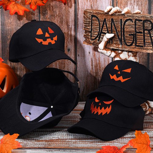 Suhine 4 Pcs Halloween Baseball Cap Pumpkin Baseball Cap Embroidery Pumpkin Face Dad Hat Unisex Halloween Hat for Men Women Halloween Party Decoration, 4 Styles Black and Orange