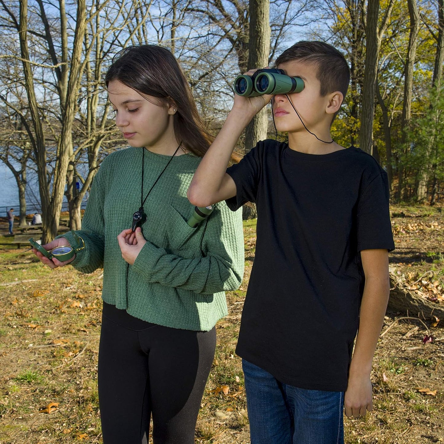 Carson AdventurePak Containing 30mm Kids Field Binoculars, Lensatic Compass, Flashlight and Signal Whistle with a Built-in Thermometer (HU-401), Multicolor