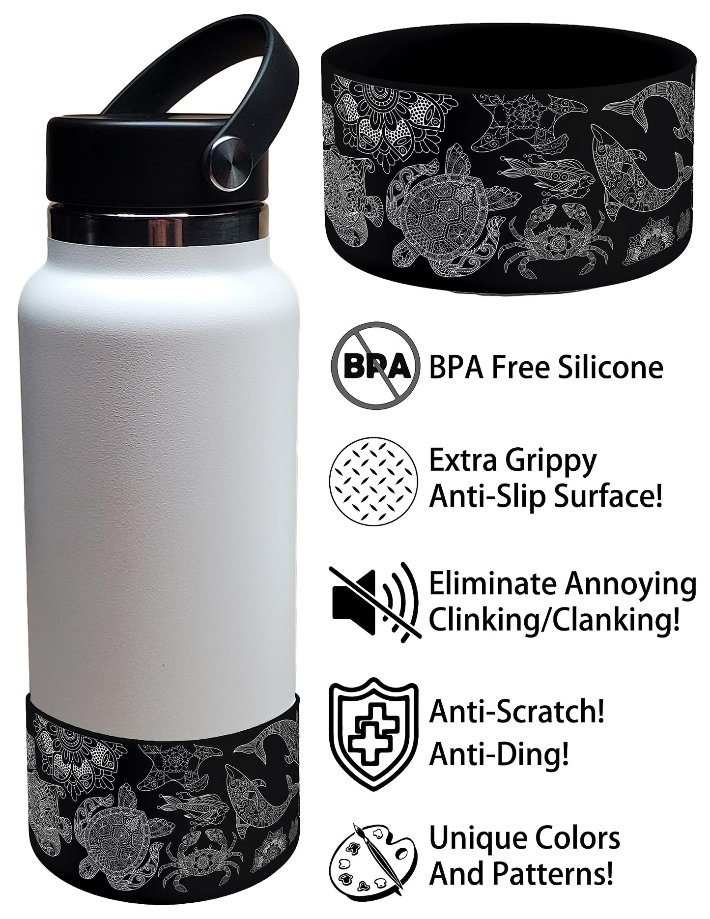 Hydro Heel Protective Silicone Bottom Sleeve, 12oz-40oz. Fits All Vacuum Insulated Stainless Steel Water Bottles, Anti-Slip, Anti-Scratch, Rubber Flex Skin Cover (12-24oz, Black Ocean Mandala)