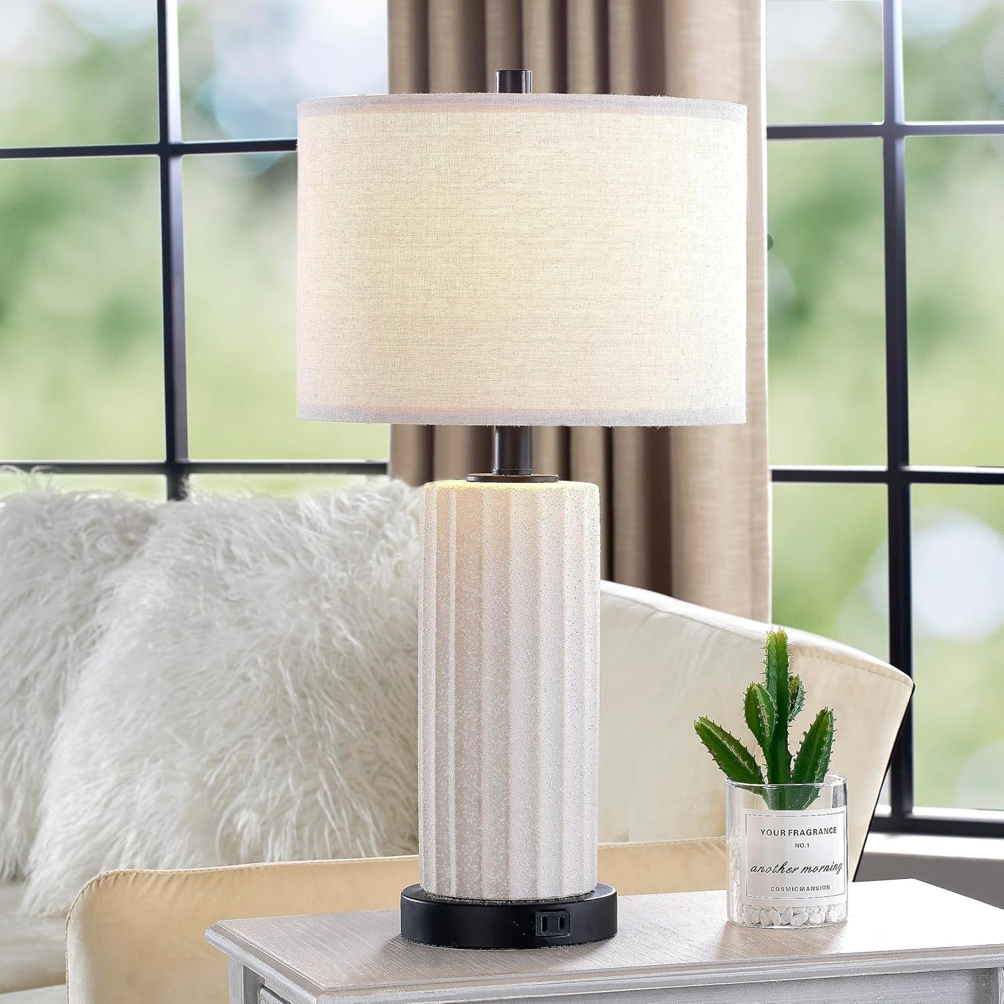 KAWOTI White Ceramic Table Lamp Set of 2 for Living Room 3 Way Touch Control Bedside Lamps with USB Ports and AC Outlet (Bulbs Included)