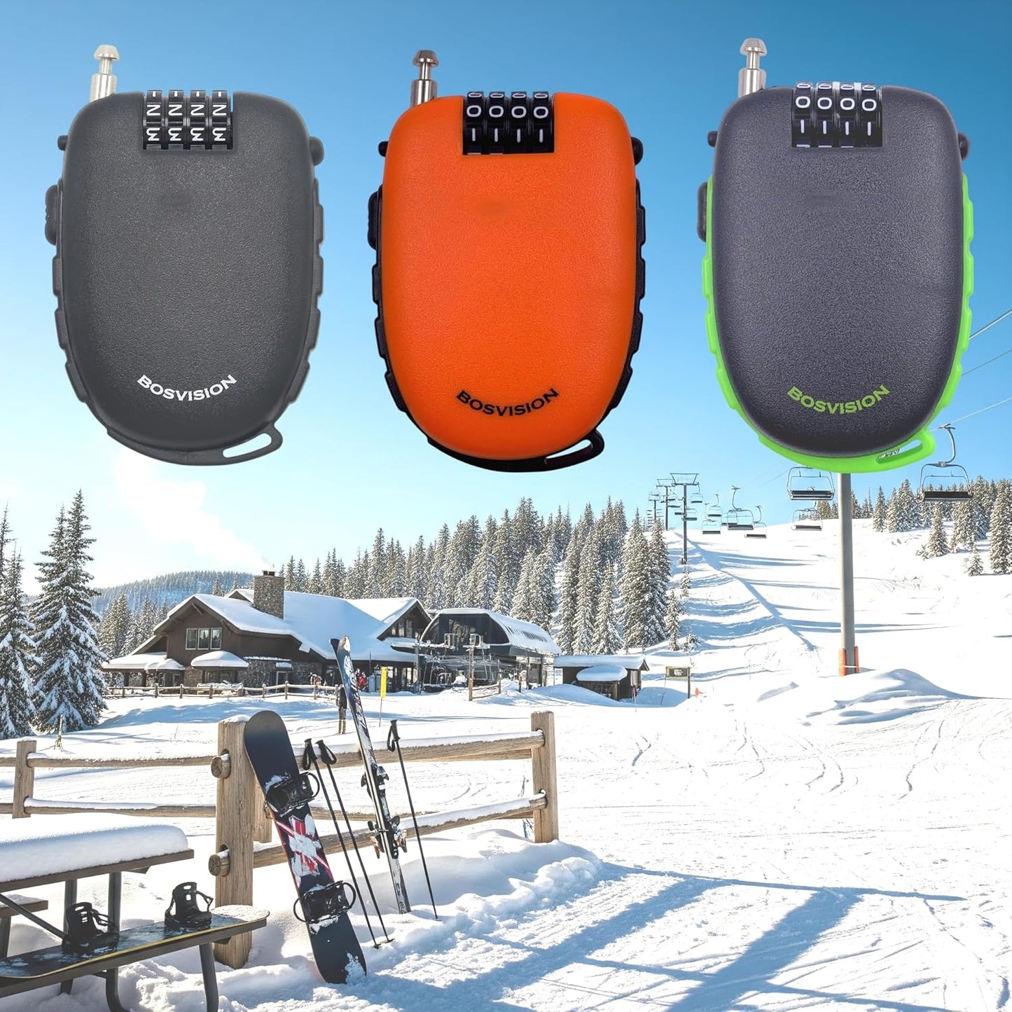 Bosvision Ultra-Secure 4-digit Combination Lock with 3 Feet Retractable Cable for Bike, Ski, Snowboard and Stroller