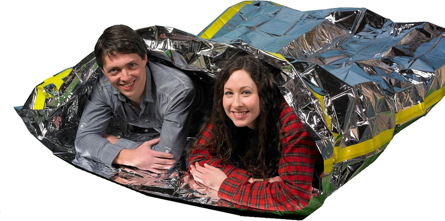 Emergency Thermal Mylar 2 Person Sleeping Bags -Ultra Compact for Camping, Survival, Disaster Bivouac Shelter- Pocket Sized, 7.25ft x 5.25ft - Retains 90% of Body Heat and Repels Wind & Water