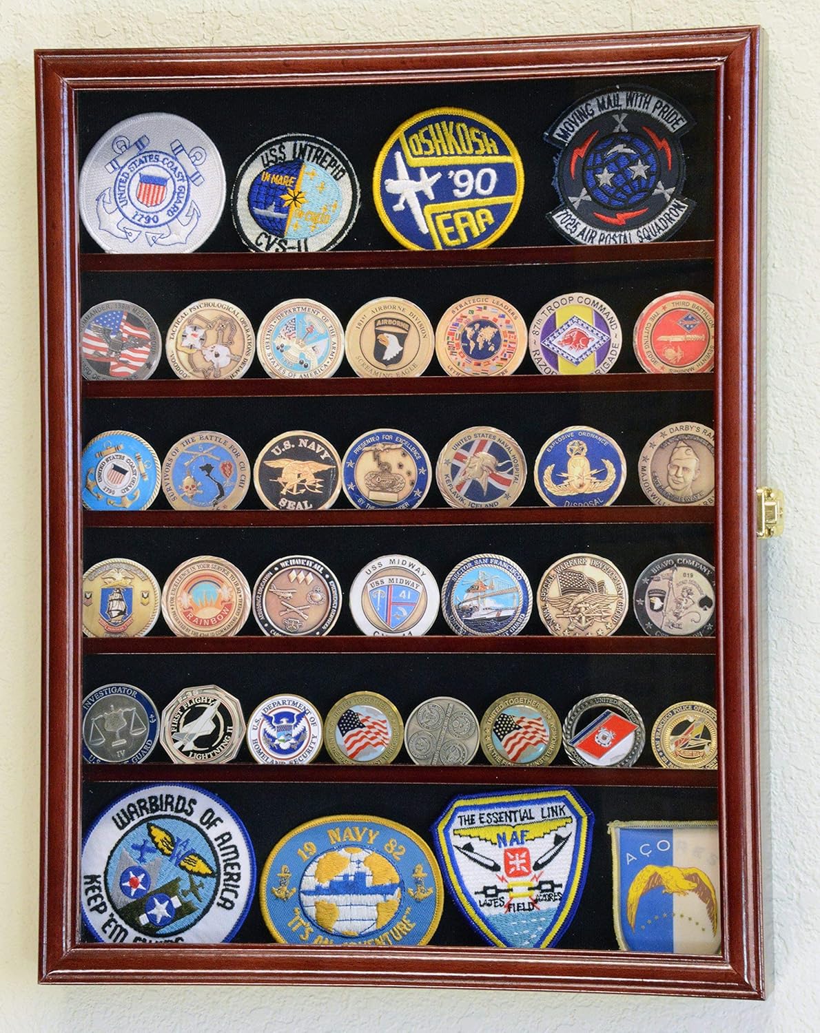 56 Challenge Coin Display Case Cabinet - Fully Adjustable Shelves - Larger Coins - 98% UV Protection (Black Finish)