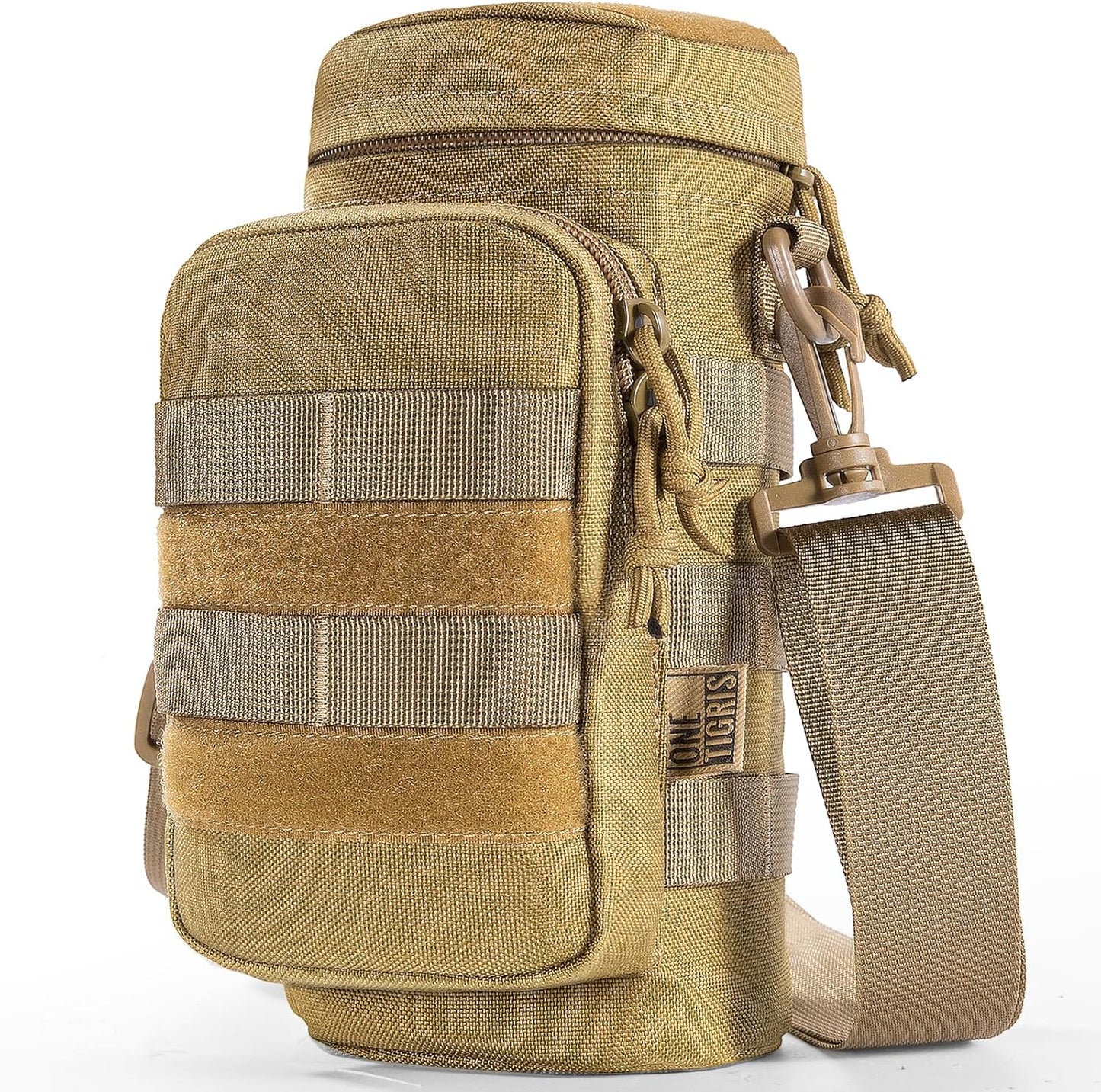 OneTigris Molle Water Bottle Pouch, 32oz Sniper Bottle Holder Tactical Hydration Carrier Bag with Extra Pouch and Detachable Shoulder Strap 1000D Nylon for Hiking Camping Climbing
