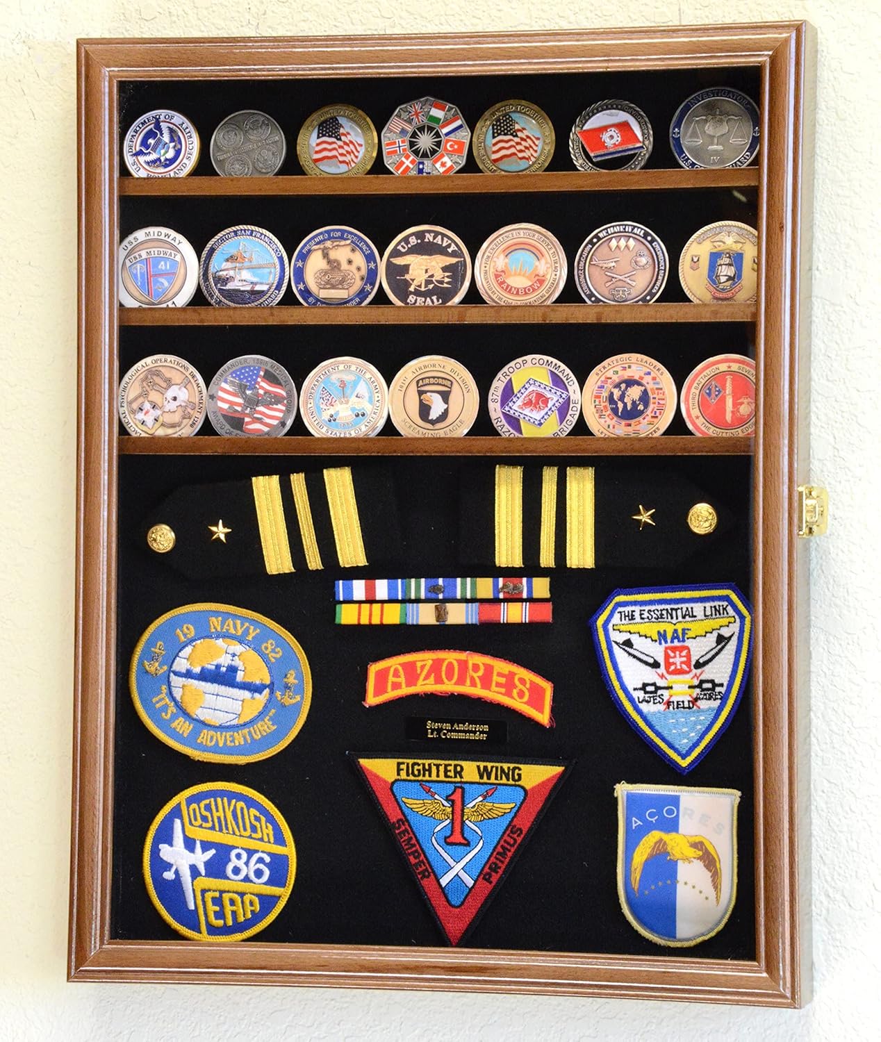 Challenge Coin/Medals/Pins/Badges/Ribbons/Insignia/Buttons Chips Combo Display Case Box Cabinet (Cherry Finish)