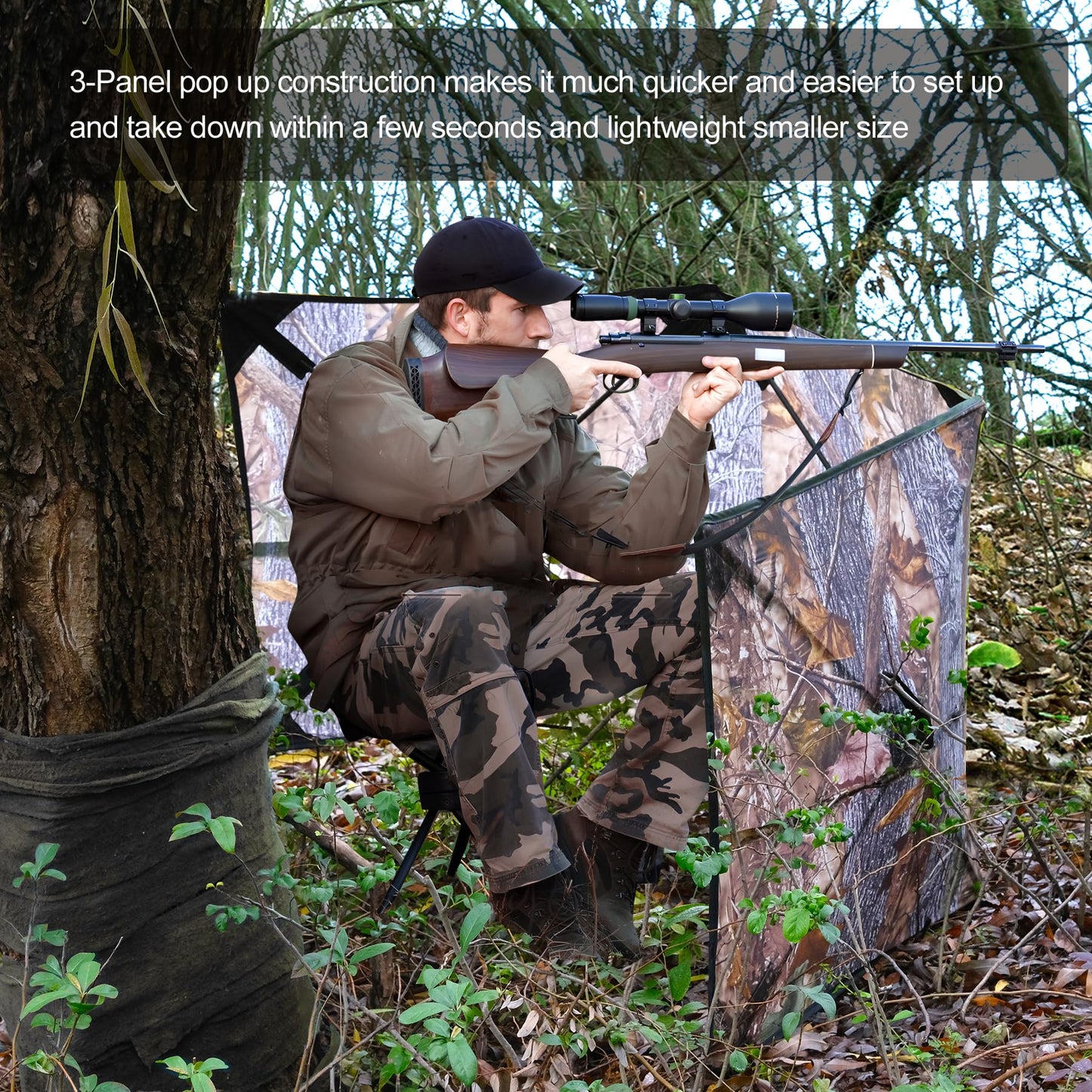 WTVIDAS Hunting Blind for Turkey, 3-Panel Portable Ground Blinds Silent Quick Setup Pop-Up Design for Deer Turkey Duck Hunting Accessory
