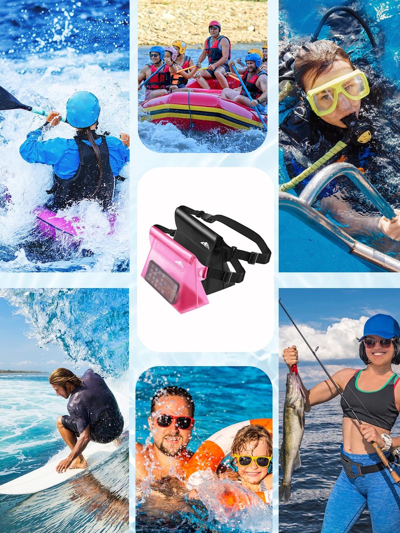 HEETA 2-Pack Waterproof Pouch with Waist Strap, Screen Touchable Dry Bag with Adjustable Belt for Phone Valuables for Kayaking Swimming Snorkeling Boating Fishing Surfing Beach (Black & Pink)