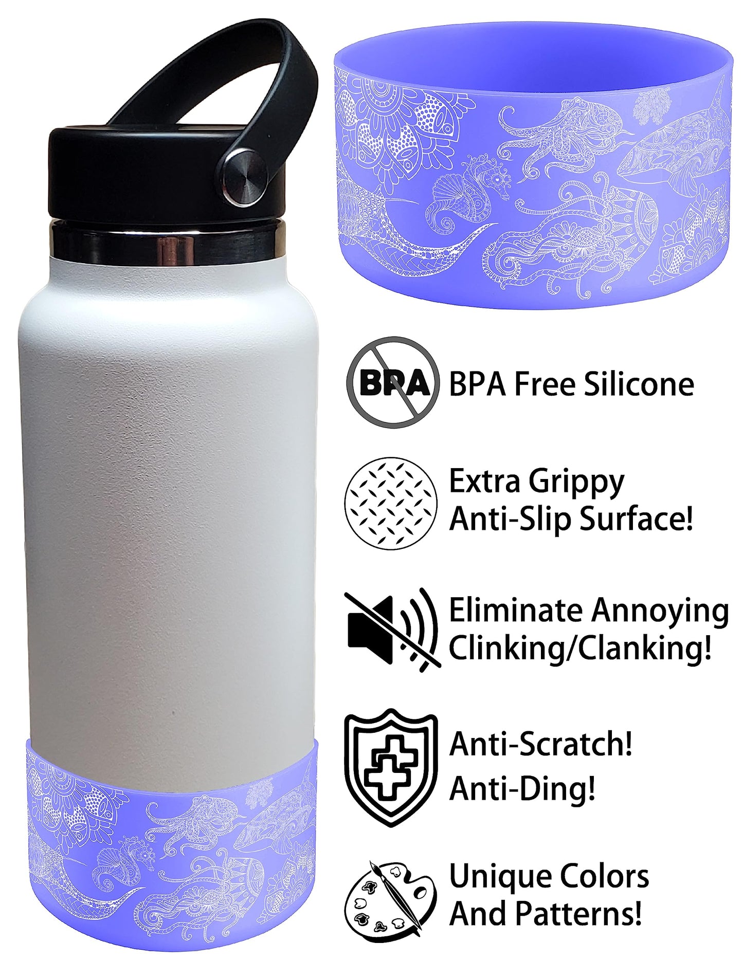 Hydro Heel Protective Silicone Bottom Sleeve, 12oz-40oz. Fits All Vacuum Insulated Stainless Steel Water Bottles, Anti-Slip, Anti-Scratch, Rubber Flex Skin Cover (32-40oz, Purple Ocean Mandala)