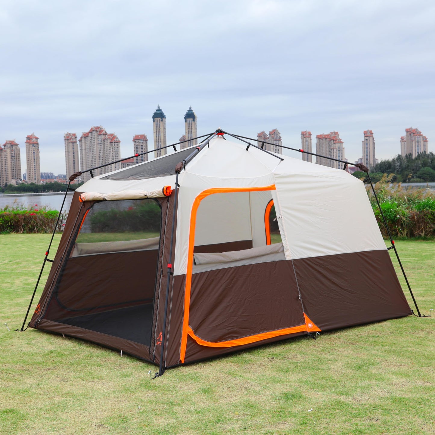 KTT Instant Tent 6 Person(B),Large Family Cabin Tents,Automatic Tent Build Quickly in 60S,2 Rooms,2 Top Windows,3 Doors and 3 Windows with Mesh,Waterproof,Big Tents for Outdoor,Picnic,Camping(Brown)