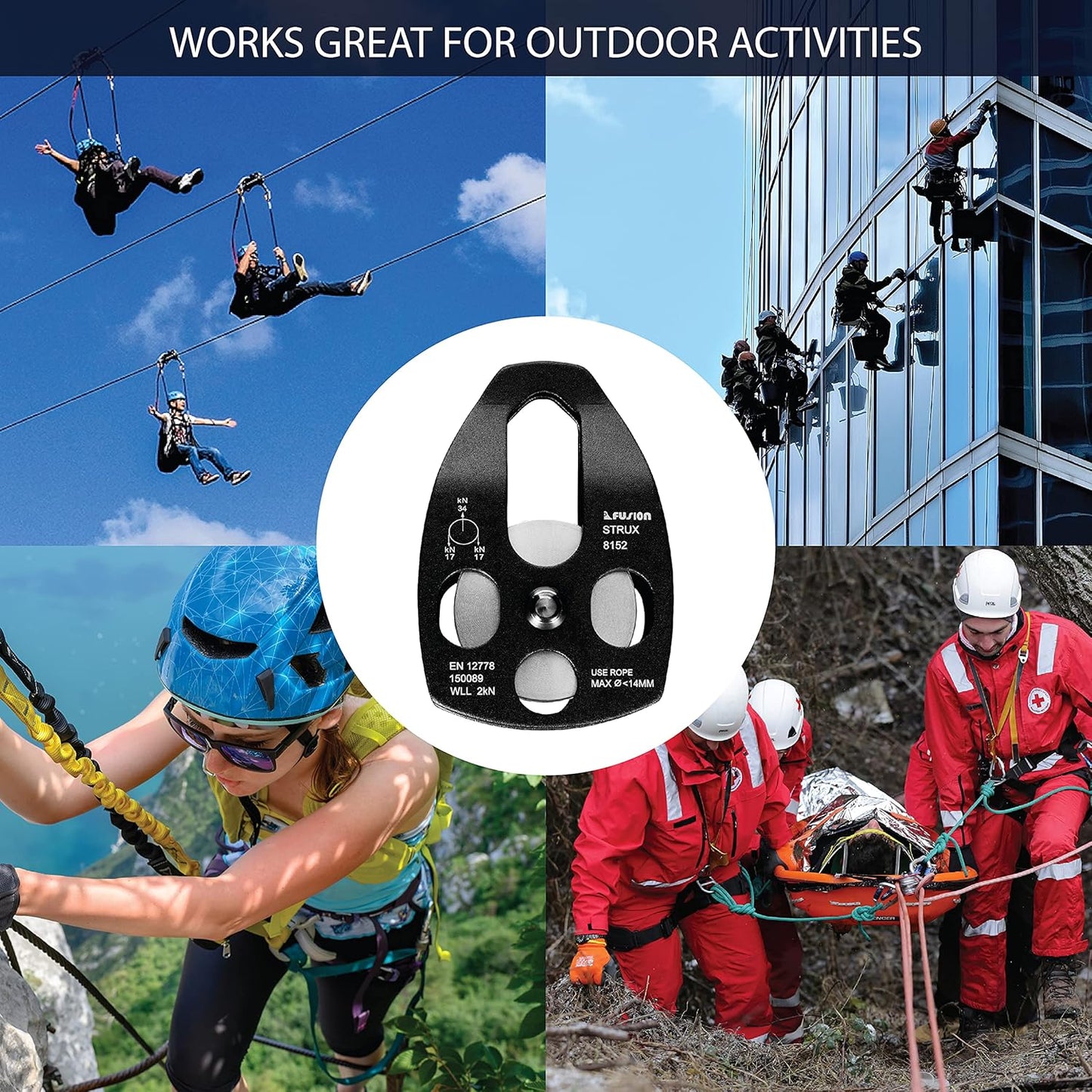 Fusion Climb Strux Aluminum Rescue Side Swing Pulley Blue 34KN…