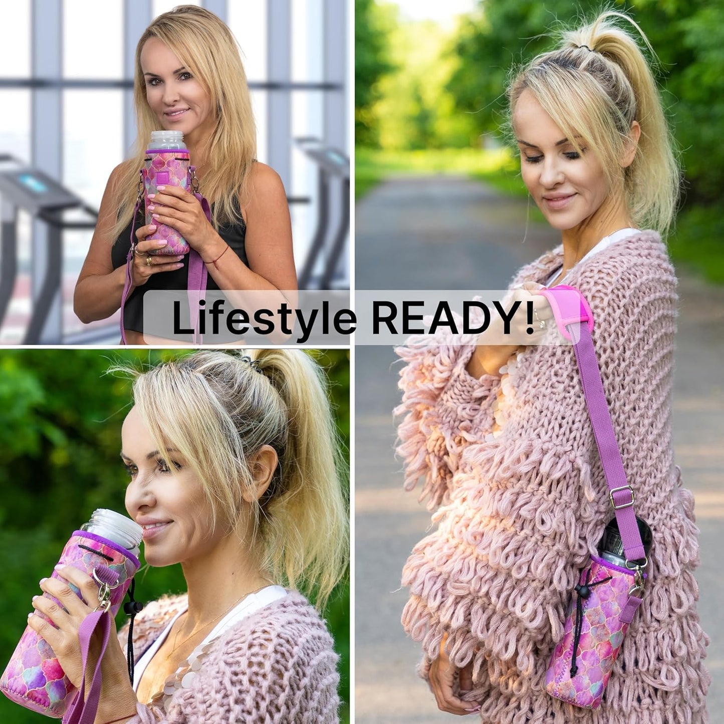 Insulated Neoprene Water Bottle Carrier | Adjustable Sling Pouch | Black, Large
