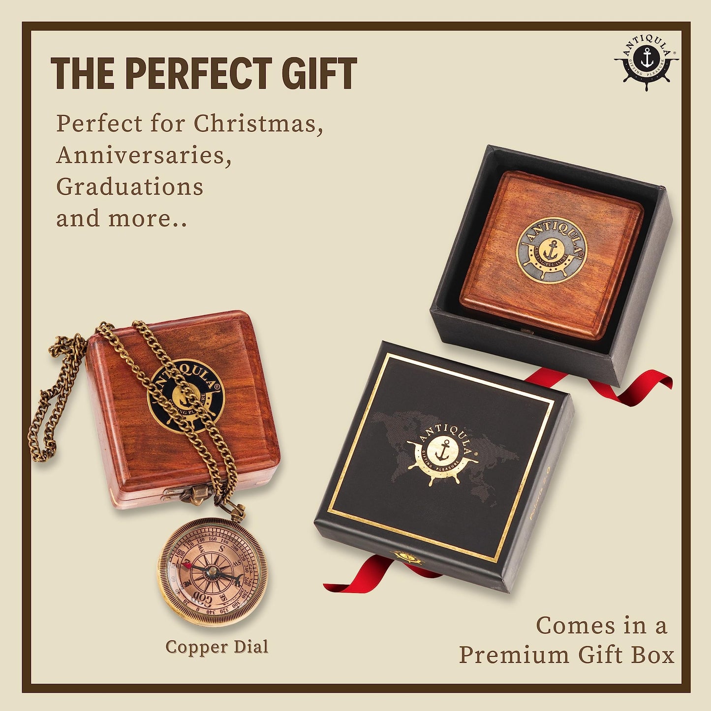Antiqula Brass Columbus Compass with Wooden Box, Antique Traveling Gifts for Men with Quotes Engraved, Inspirational Nautical Camping Compass, Ideal Gifts for Traveling, Graduation and Adventures