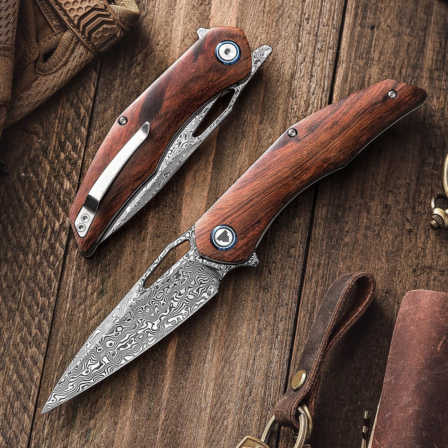 TRIVISA 3.62'' Damascus Folding Pocket Handmade Knife for Men With Clip, Front Flipper Utility Knife for Best EDC Outdoor Camping Hiking Work Knives,Ironwood Handle &Ti Ring.Taurus-01i