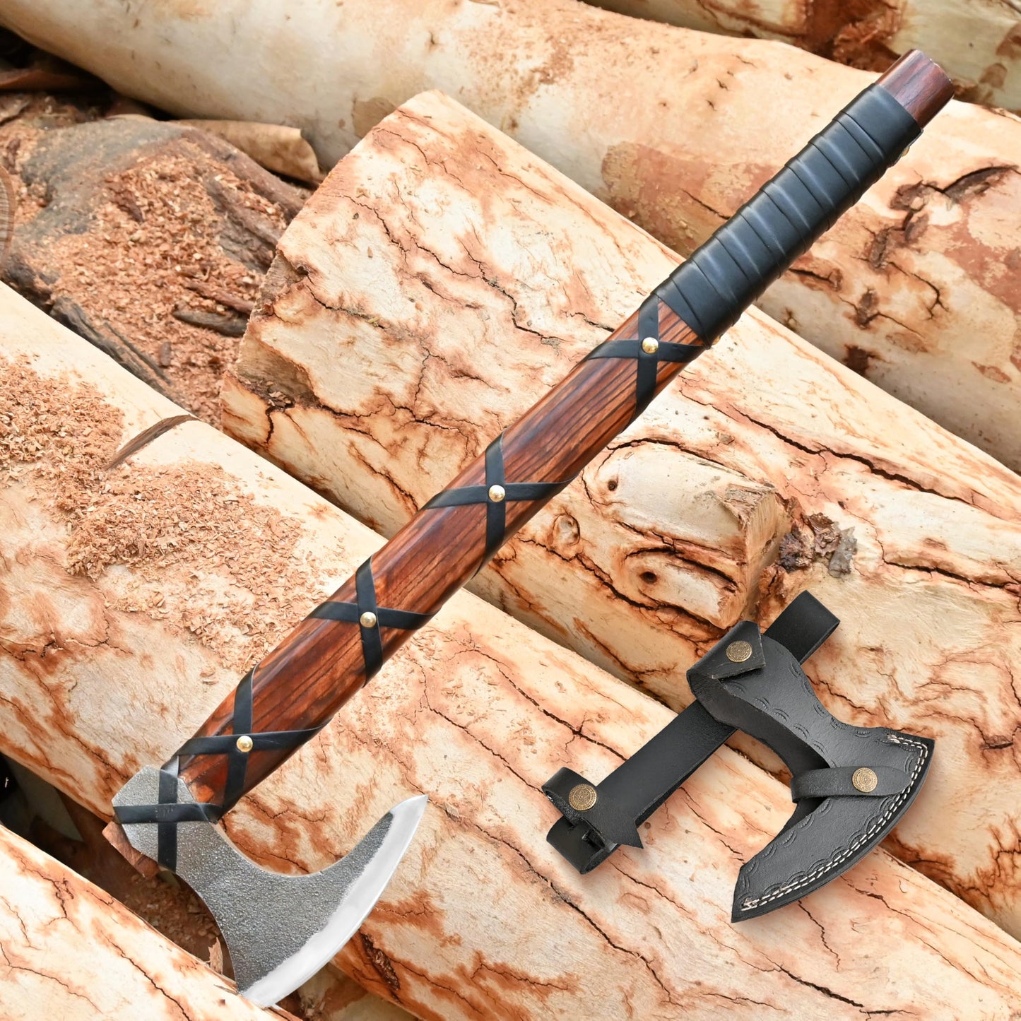 22-Inch Hand-Forged Viking Bearded Axe with Sheath – Survival & Camping Hatchet for Men – Best Gift (Brown Ragnar)