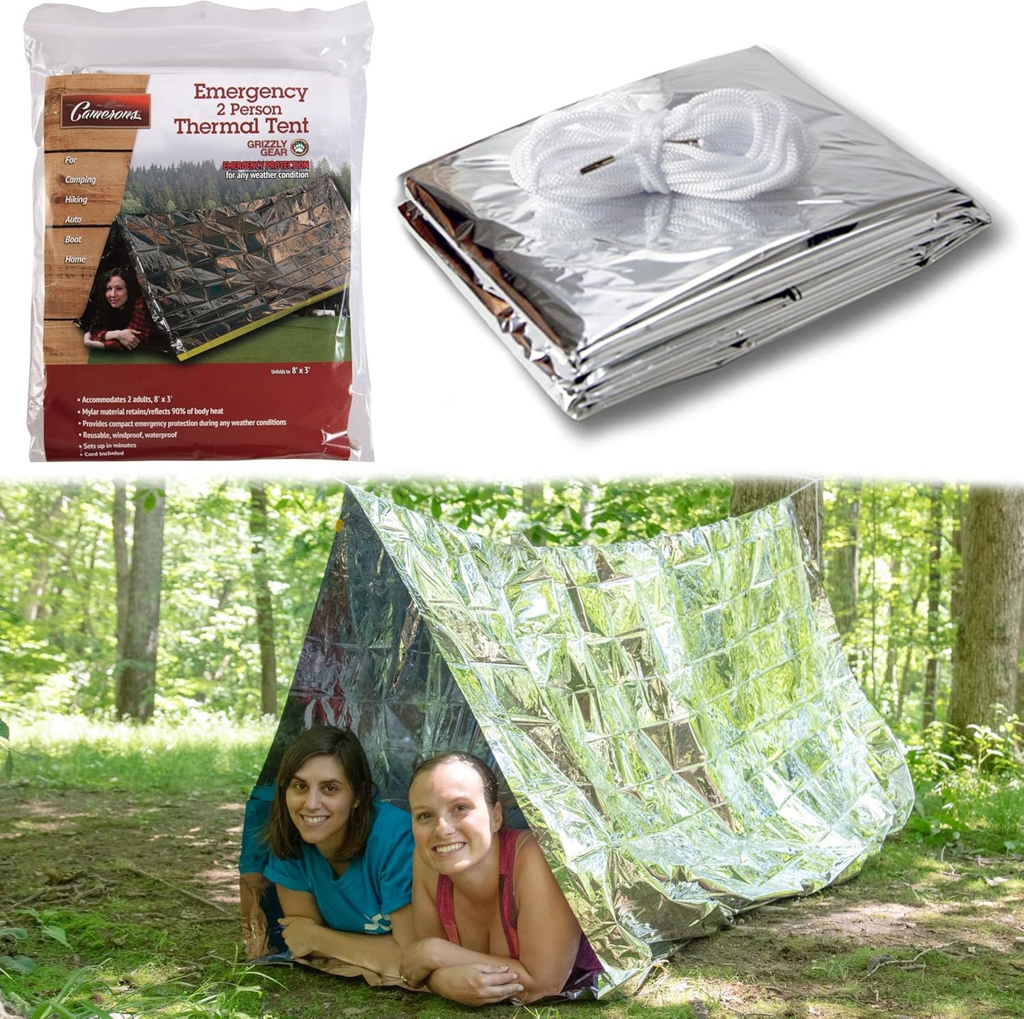 Emergency Thermal Tent -Reflective Mylar Survival Shelter-XL Size Waterproof Lightweight Tube Tent- Insulated Retains Heat & Fits 2 Adults in All Weather- Outdoors, Hiking, Bug Out Bag- 8 x 3 Feet
