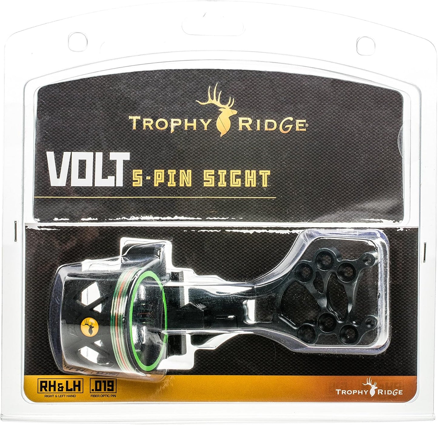 Trophy Ridge Volt 5 Pin Archery Bow Ambidextrous Sight - 5 Ultra-Bright Horizontal .019 Fiber Optic Pins, Bubble Level, Green Hood Accent for Quicker Sight Acquisition, Fiber Wrapped Pin Guard