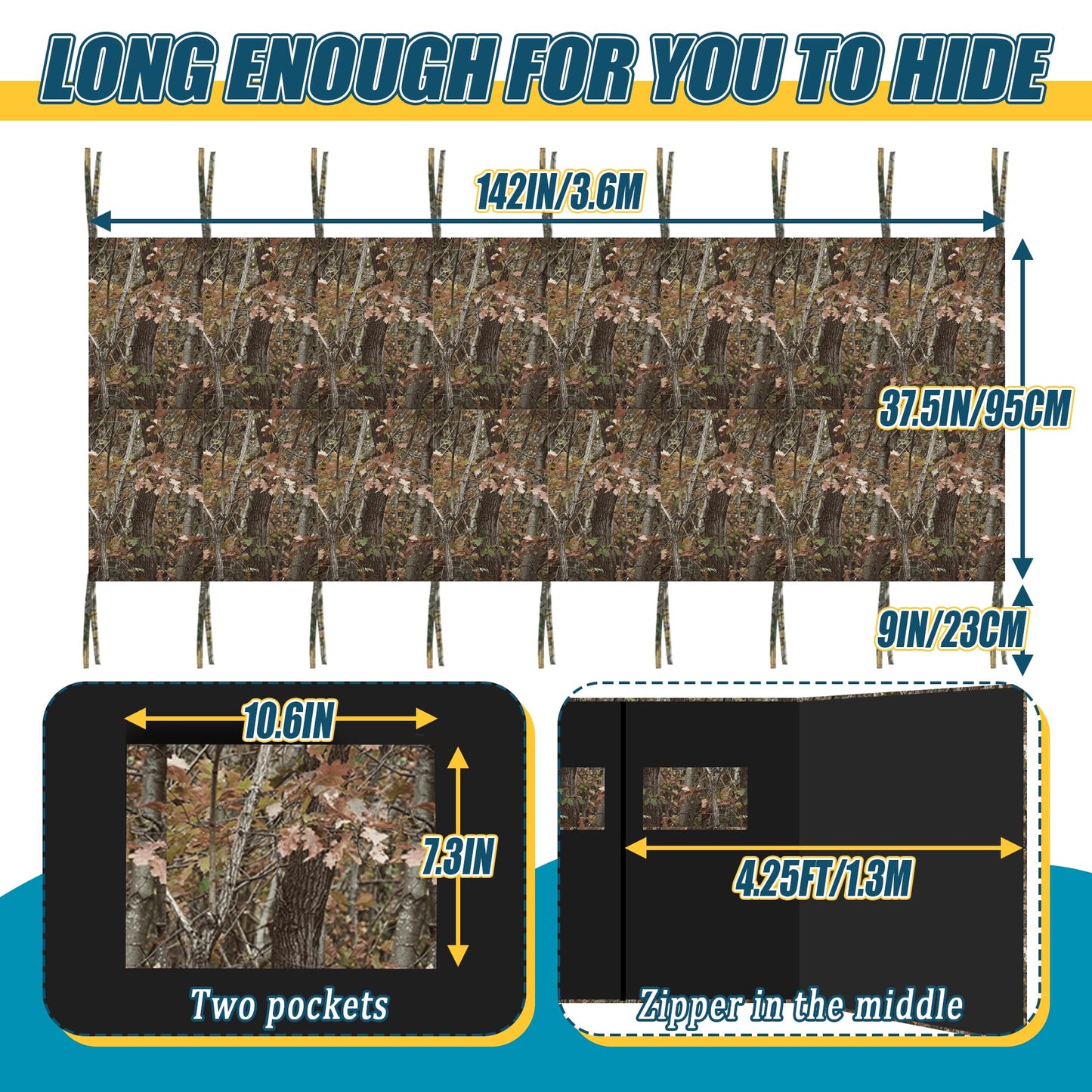 142"X37.5" Hunting Tree Stand Blinds for Deer Hunting Universal Camo Tree Ladder Stand Blind Kit with Zipper and 2 Pockets Tree Stand Cover for Hunting Deer, Elk, Hunting Blind & Accessories