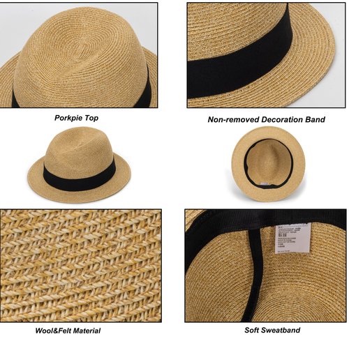 Straw Fedora-Sun-Hats for Women Men Summer Short-Brim-Trilby-Hat Packable Panama-Jazz Beach Hat(Size:M) Khaki