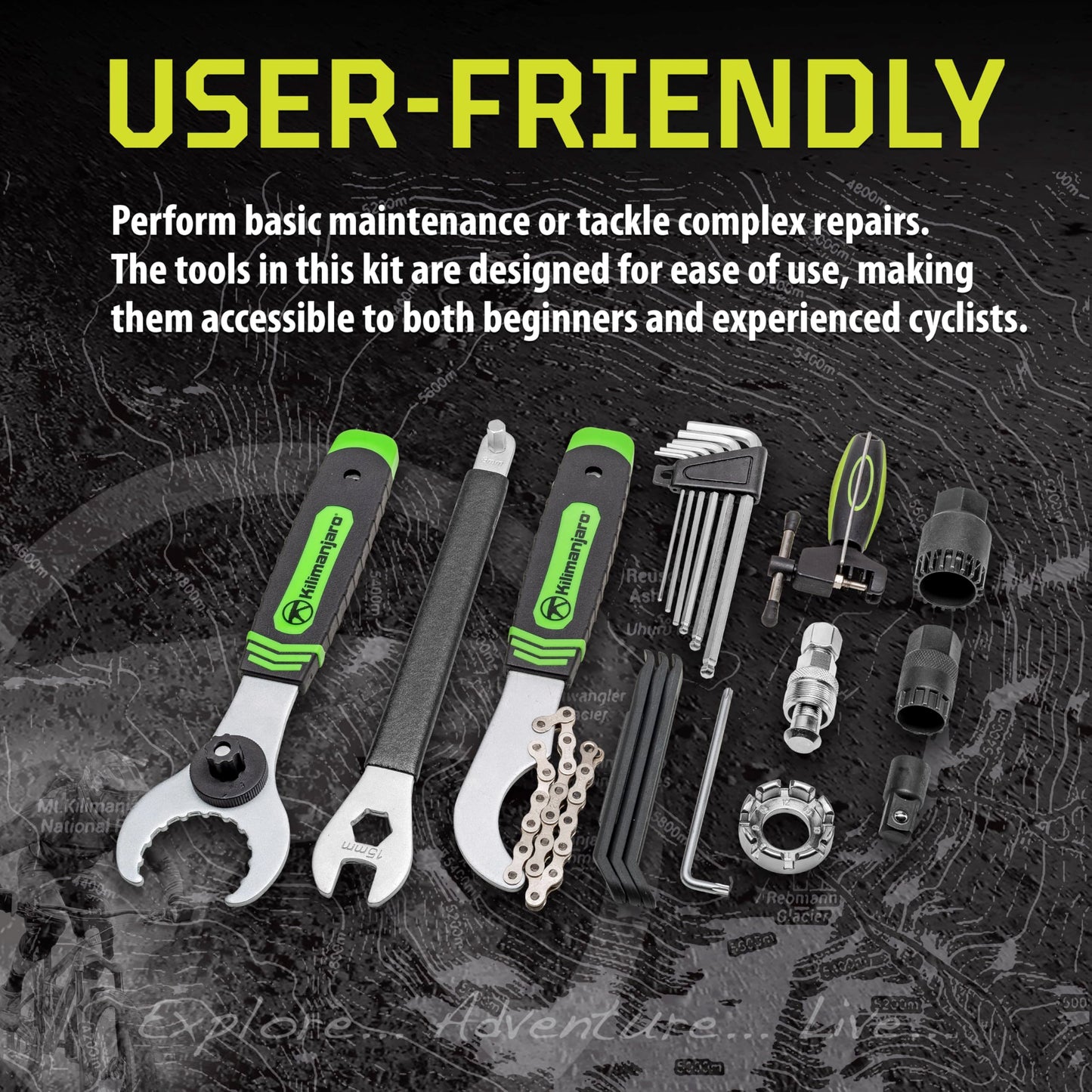 Kilimanjaro Cycle Series 21 Piece Bicycle Repair Tool Kit Set, Spoke Wrench, Tire Levers, Hex Keys, Pedal Spanner, Chain Tools - 910532ECE