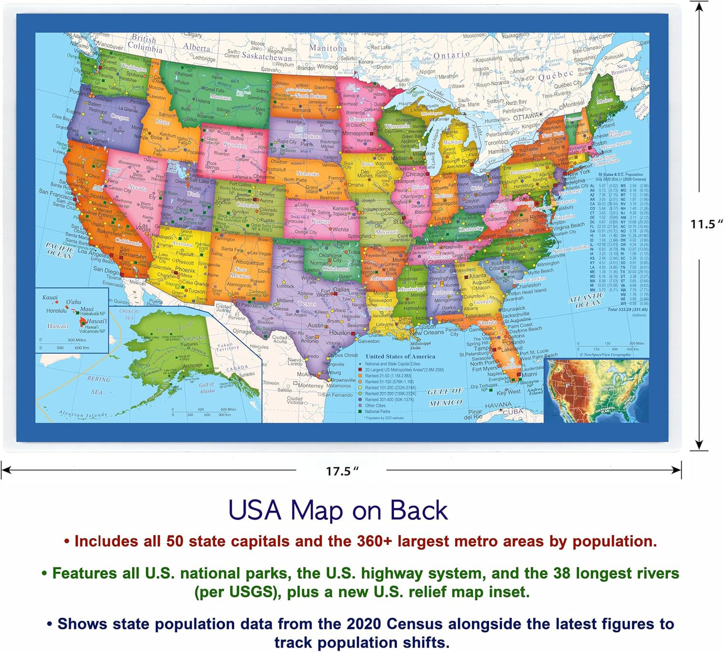 2-Sided Desk Map with Durable Lamination (1 Pack : US & US Centered World 17.5 x 11.5 inches)