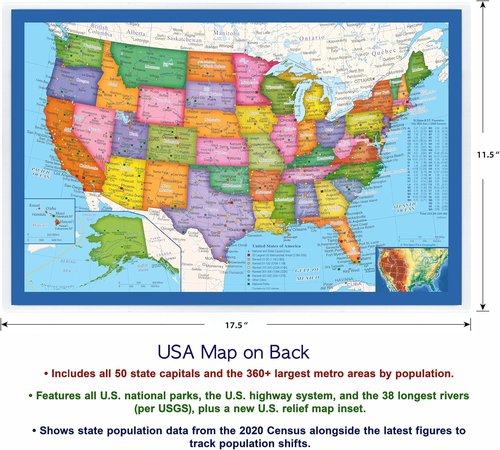 2-Sided Desk Map with Durable Lamination (1 Pack : US & US Centered World 17.5 x 11.5 inches)