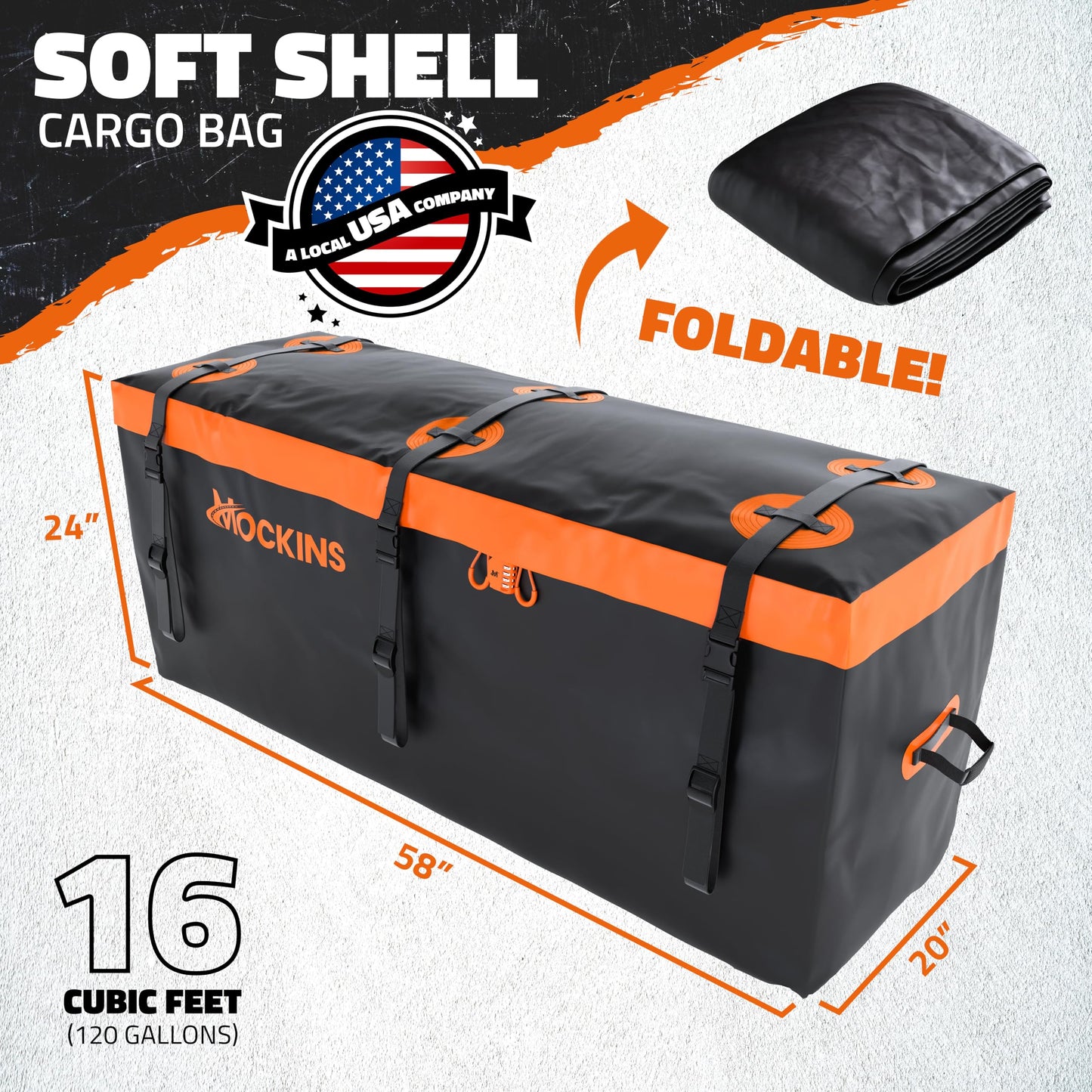 Mockins 16 Cu.Ft. Trailer Hitch Cargo Carrier Bag | 58"x20"x24" All-Weather Waterproof Cargo Bag for Hitch Carrier | Abrasion-Resistant Vinyl Truck Bed Storage Set w/Straps, Combo Lock, & Carry Case