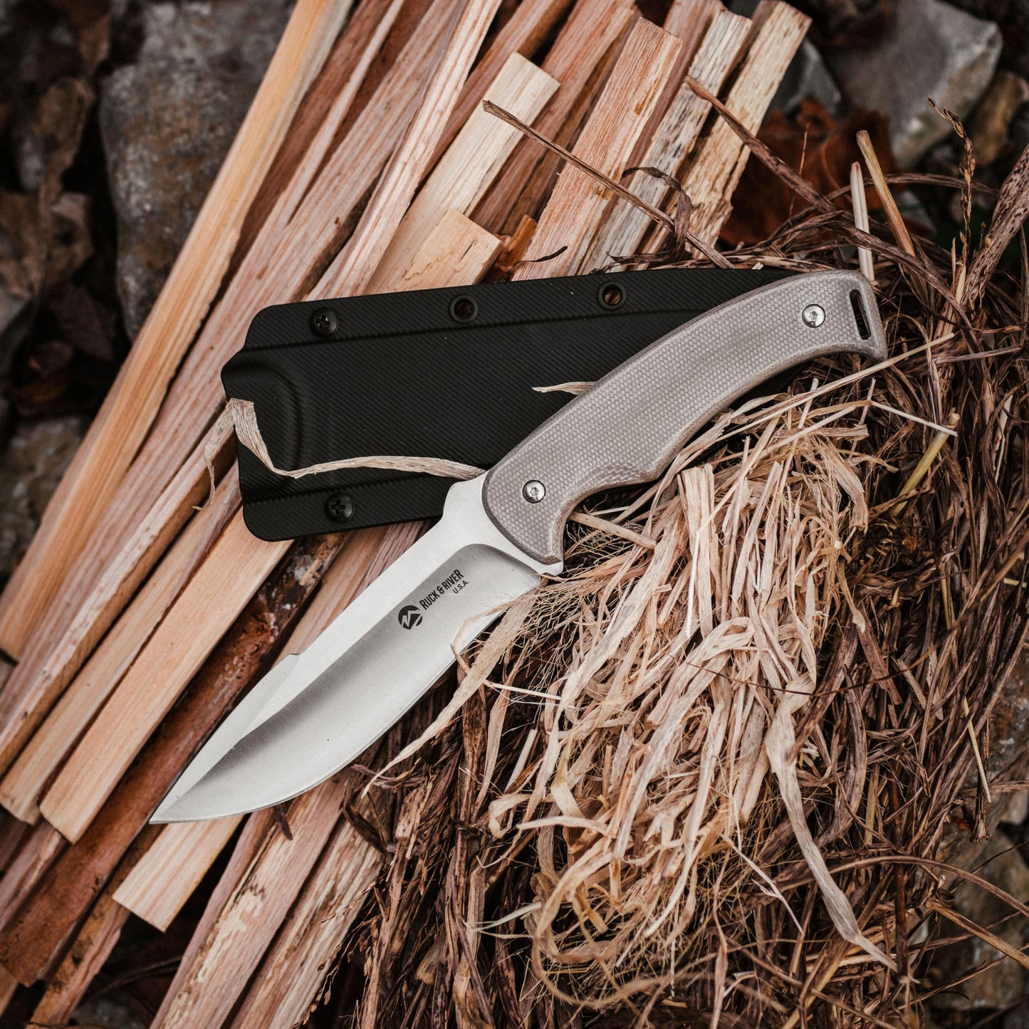 BATTLBOX Ruck & River Ogeechee Full Tang Fixed Blade Survival Knife 5.5in Stainless Steel Blade - Injection Molded Sheath - Coyote Tan Canvas Micarta Scales Handle - Bushcraft Hunting Camping Hiking