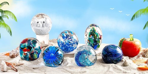 EUSTUMA Hand Blown Glass Figurines Ball Ocean Waves,Paperweight Glass Ball,Home Decor Collectible,Aquarium Decor,Office Decor Ocean Lovers (Ocean Waves)