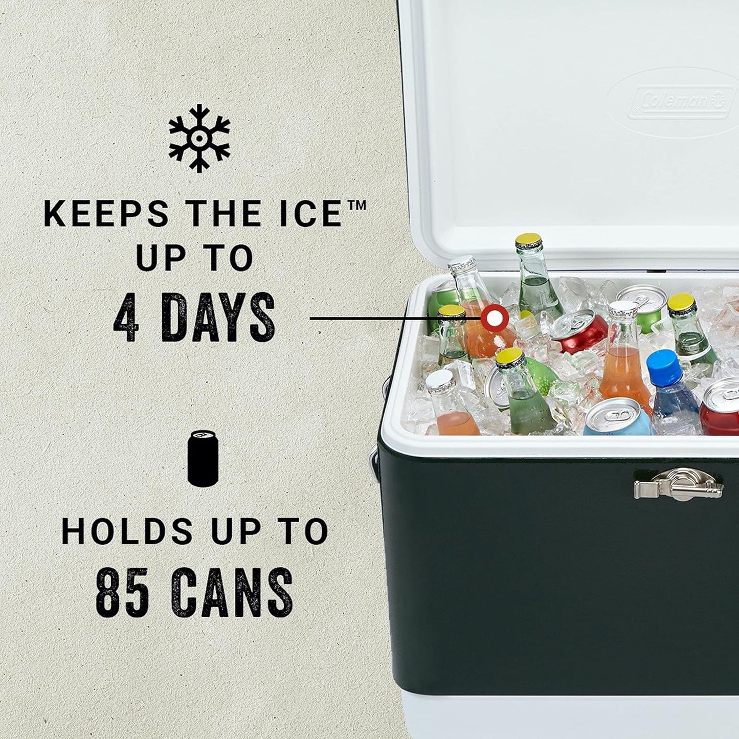 Coleman Vintage 54qt Steel Belted Cooler, Keeps Ice Up to 4 Days, 85-Can Capacity Hard Cooler with Drain & Have-A-Seat Lid