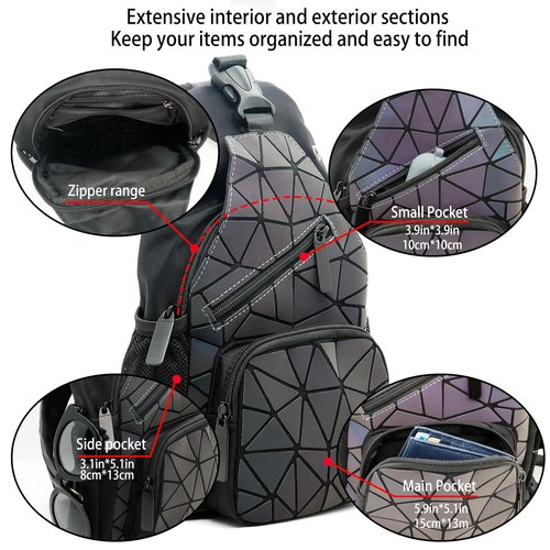 CAFINY Geometric chest bag Geometries Glow Backpack Geometrical Luminous Bag Holographic Travel Bags Retro Daypack for Casual, College, Work Set-G