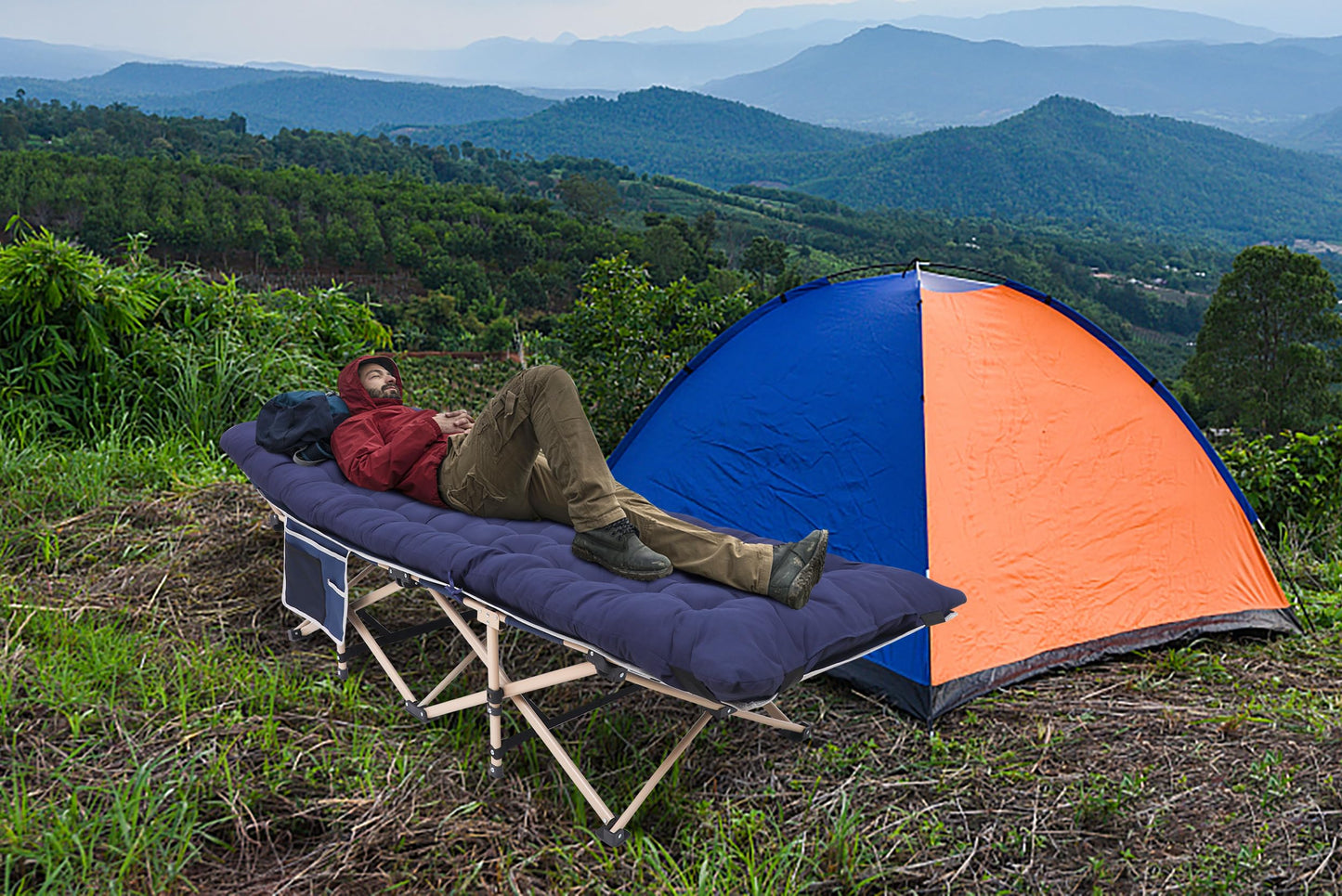 WGOS Camping Cot, Heated Camping Cot Folding Cot for Adults with Heated Mattress, Folding Bed, Carry Bag, Pillow & Side Mesh Holders Holds Weights Up to 500Lbs (Set of 1 Blue)