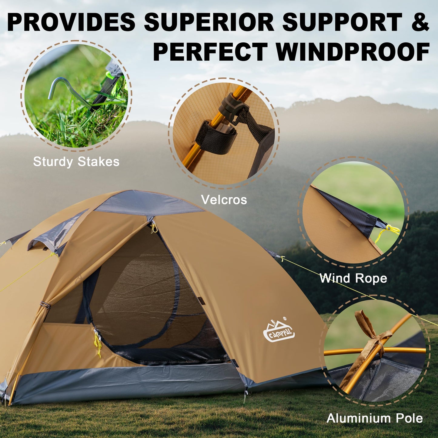 2 Person Backpacking Tent, Waterproof Windproof Two Person Tent, Lightweight Easy Setup 2 Man Tent for Camping, Hiking, Biking, Cycling, Motorbiking, Mountaineering - Khaki