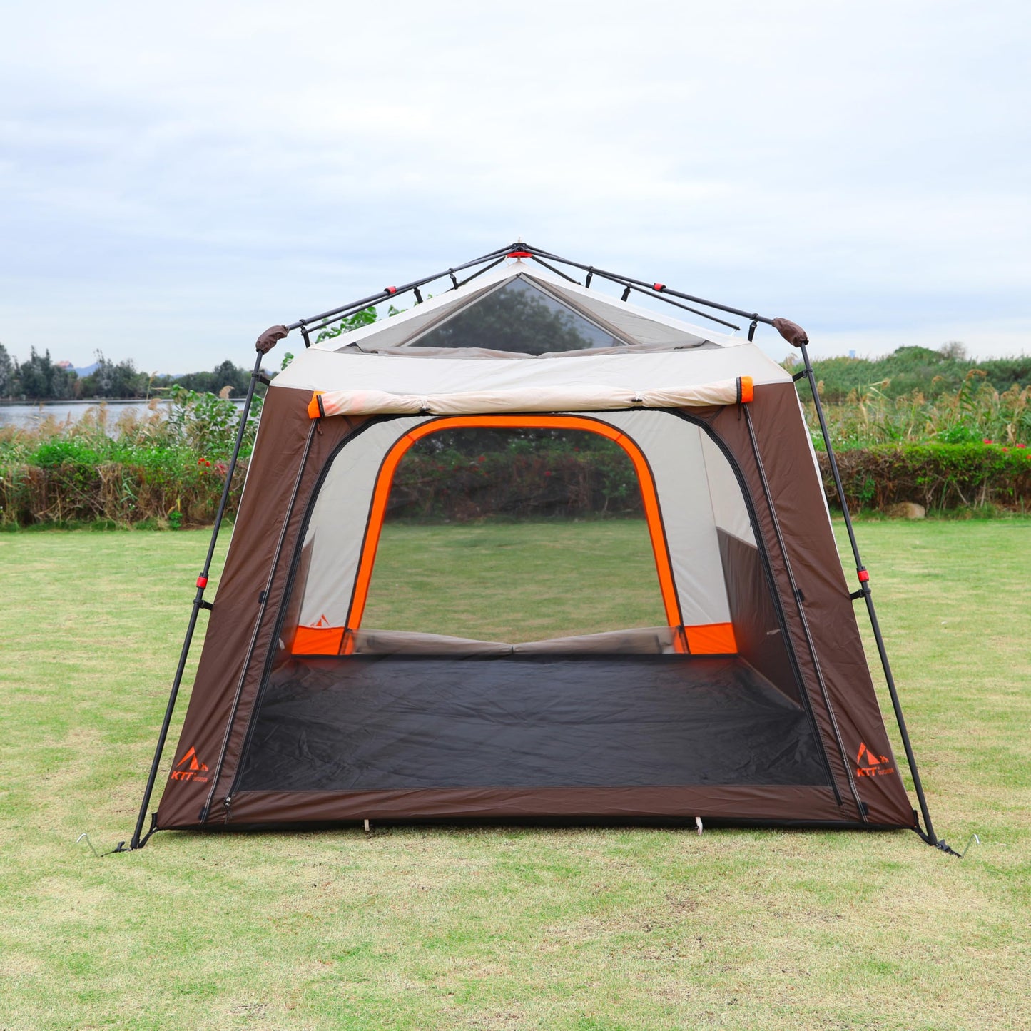KTT Instant Tent 6 Person(B),Large Family Cabin Tents,Automatic Tent Build Quickly in 60S,2 Rooms,2 Top Windows,3 Doors and 3 Windows with Mesh,Waterproof,Big Tents for Outdoor,Picnic,Camping(Brown)