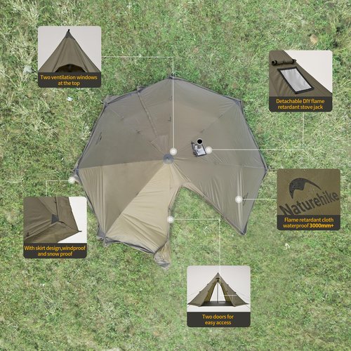 Naturehike Ranch Fire Teepee Tent, Hot Tent with Stove Jack, 4-6 Person Waterproof Windproof 4 Season Tent, Cold Weather Winter Tent for Camping