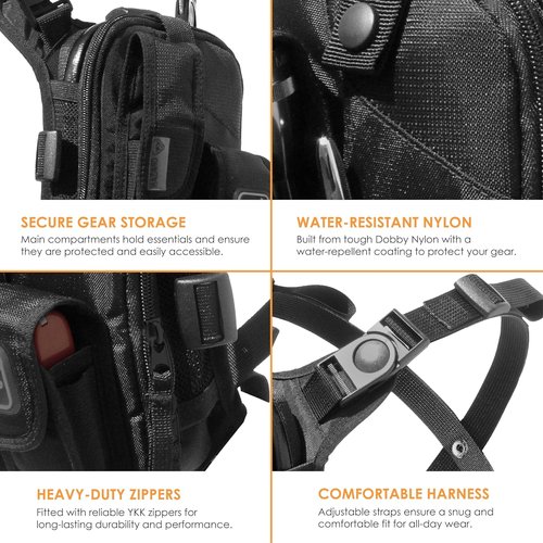 Hazard 4 Covert RG Multi-Configuration Small Pack System - Escape Chest Pack, Loader Chest Pack, Covert Anatomic RG Padded Deluxe Shoulder Harness - Tool Kit, Camera, Cycling, Flashlight - Black