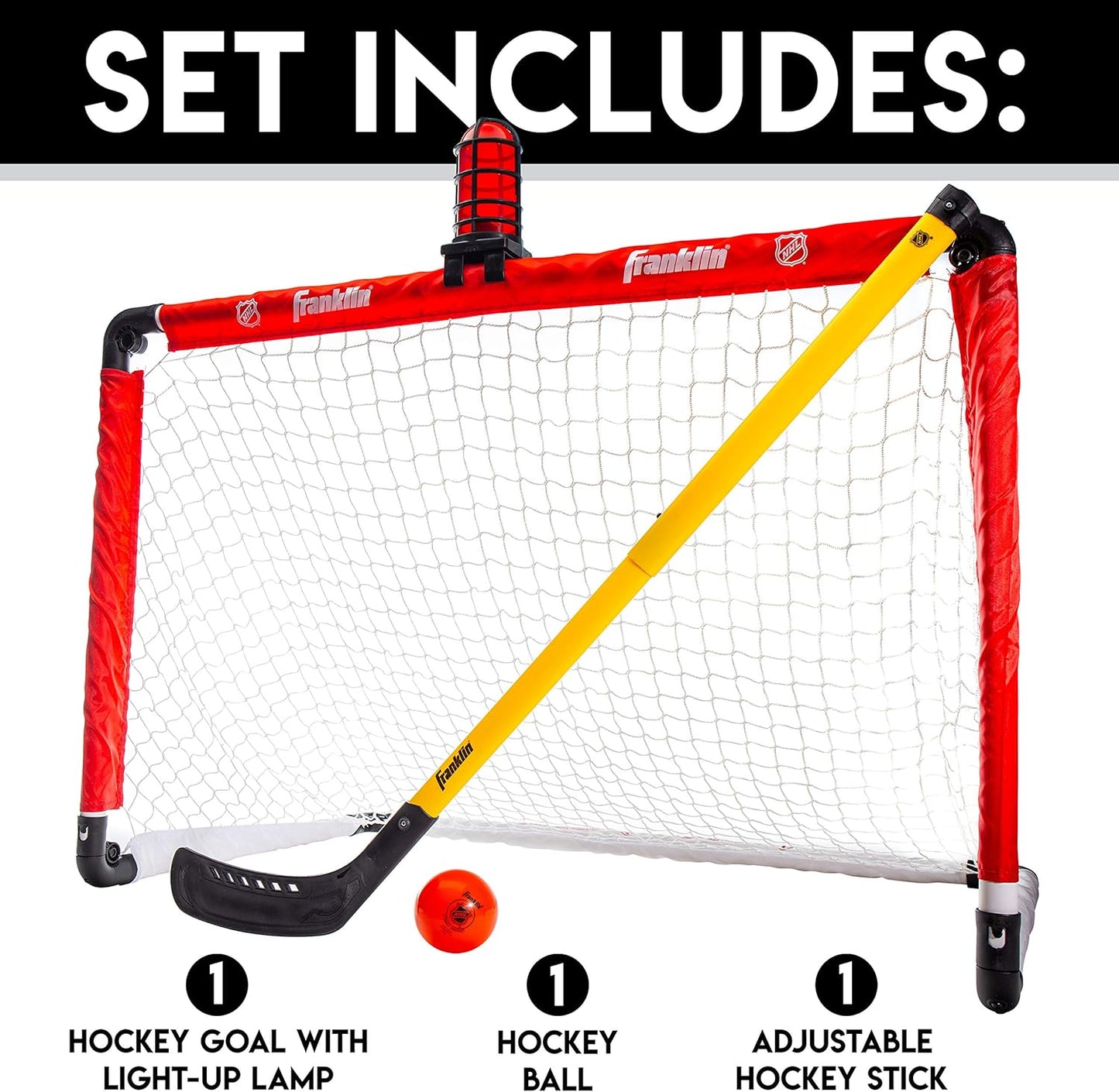 Franklin Sports Mini Hockey Goal Set - NHL Light Up Knee Hockey Goal and Stick Set with Hockey Ball - Perfect for Indoor Floor Hockey and Knee Hockey, Red