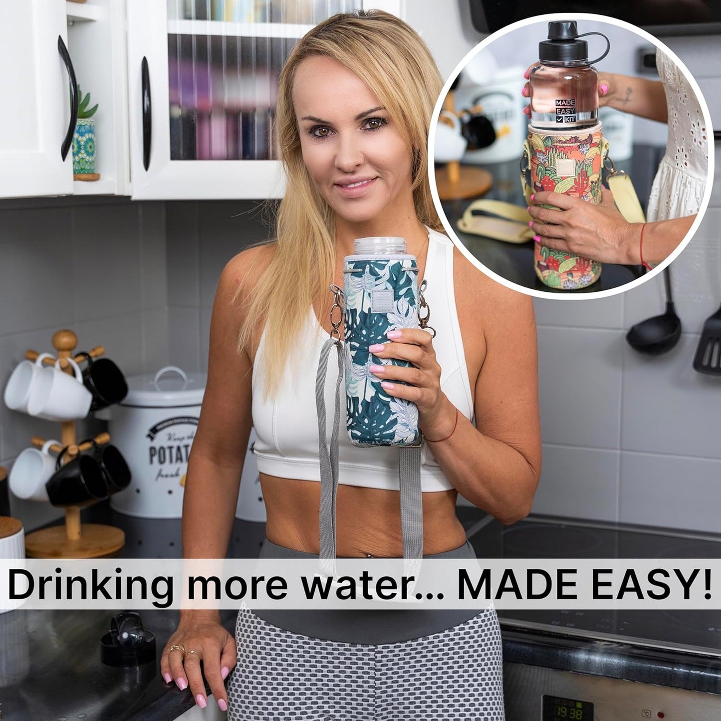 Insulated Neoprene Water Bottle Carrier | Adjustable Sling Pouch | Black, Large