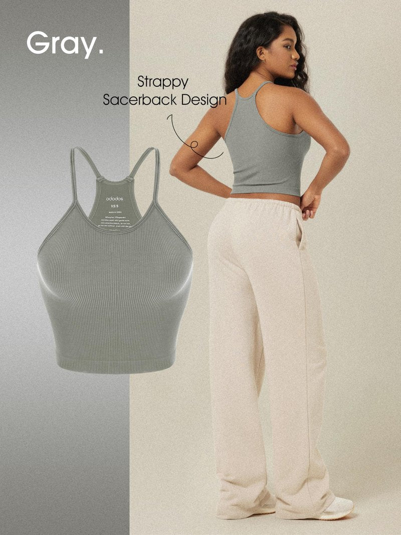 ODODOS Women's Crop Camisole 3-Pack Seamless Rib-Knit Crop Tank Tops, Long Crop, White Gray Black, X-Large/XX-Large
