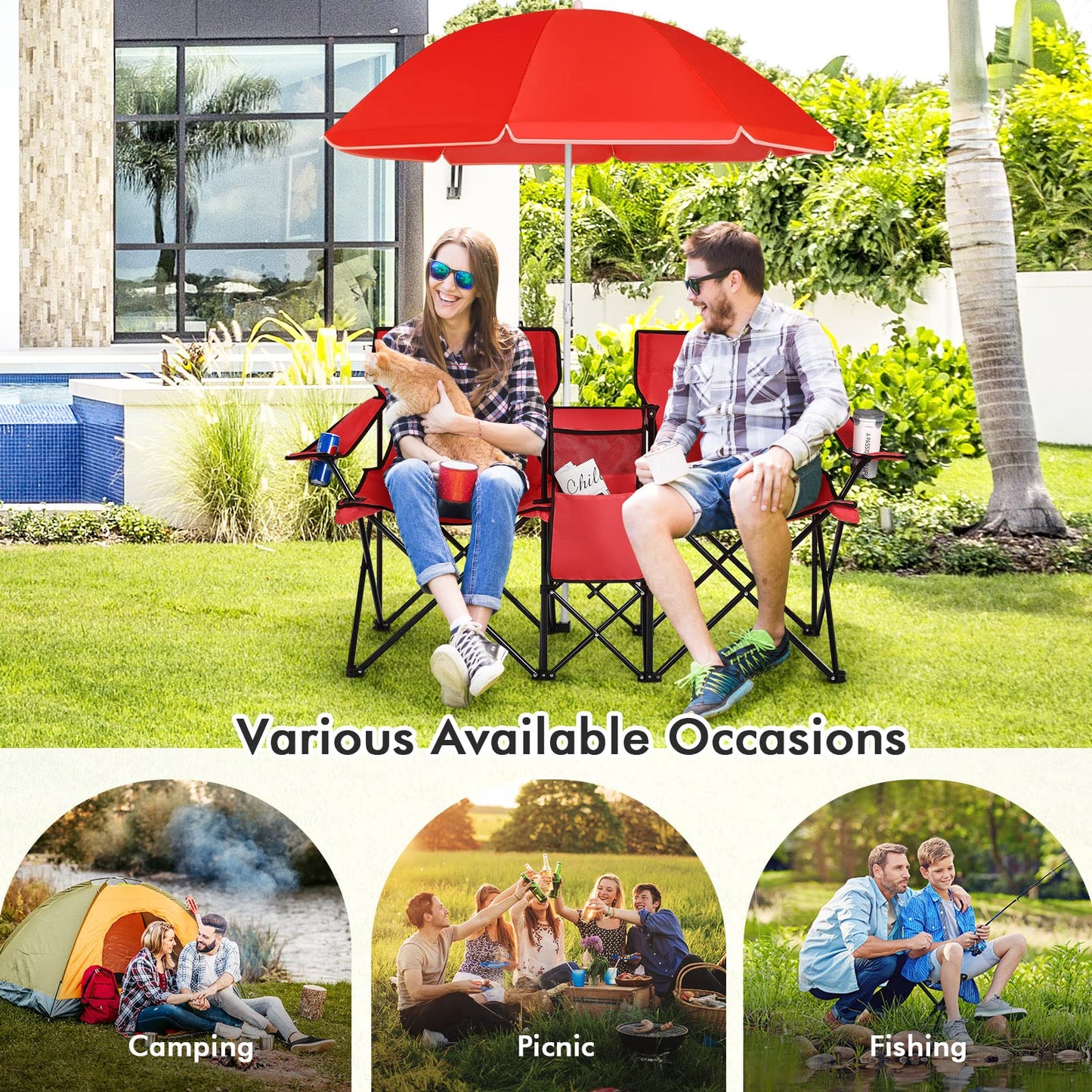 Julimoon Double Folding Camping Chairs w/Removable Umbrella, Portable Picnic Loveseat w/Mini Table, Cup Holder & Carrying Bag, 2-Person Picnic Chairs for Patio, Beach, Picnic, Outdoor (Red)