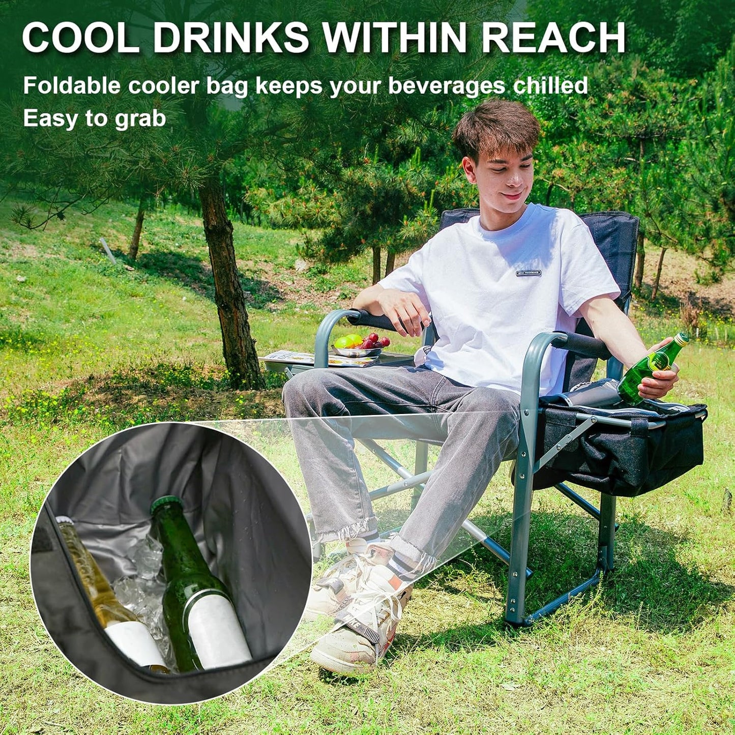 KingCamp XXL Oversized Directors Chair with Side Table, Heavy Duty Camping Chairs 600lbs with Cooler Bag, Portable Folding Camp Chair with Wide Seat for Camping Hiking Fishing Lawn Outdoor and Sports