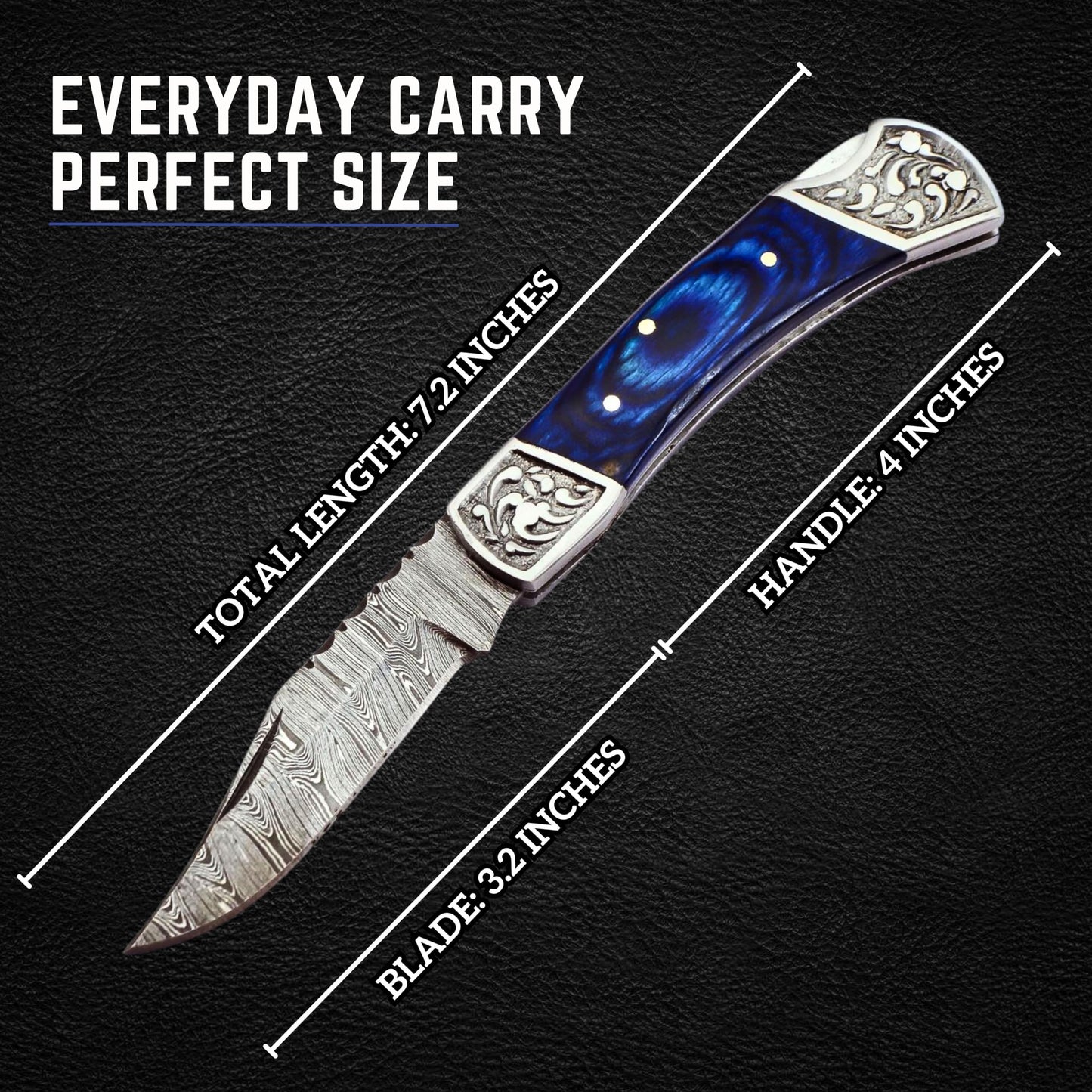 Handmade Damascus Pocket Knife for Men - 7.2 Inches Engraved Steel Damascus Folding Pocket Knife with Belt Holster - Pocket Knives & Folding Knives with Sheath & Back Lock - EDC Knife Pocket.(Blue)