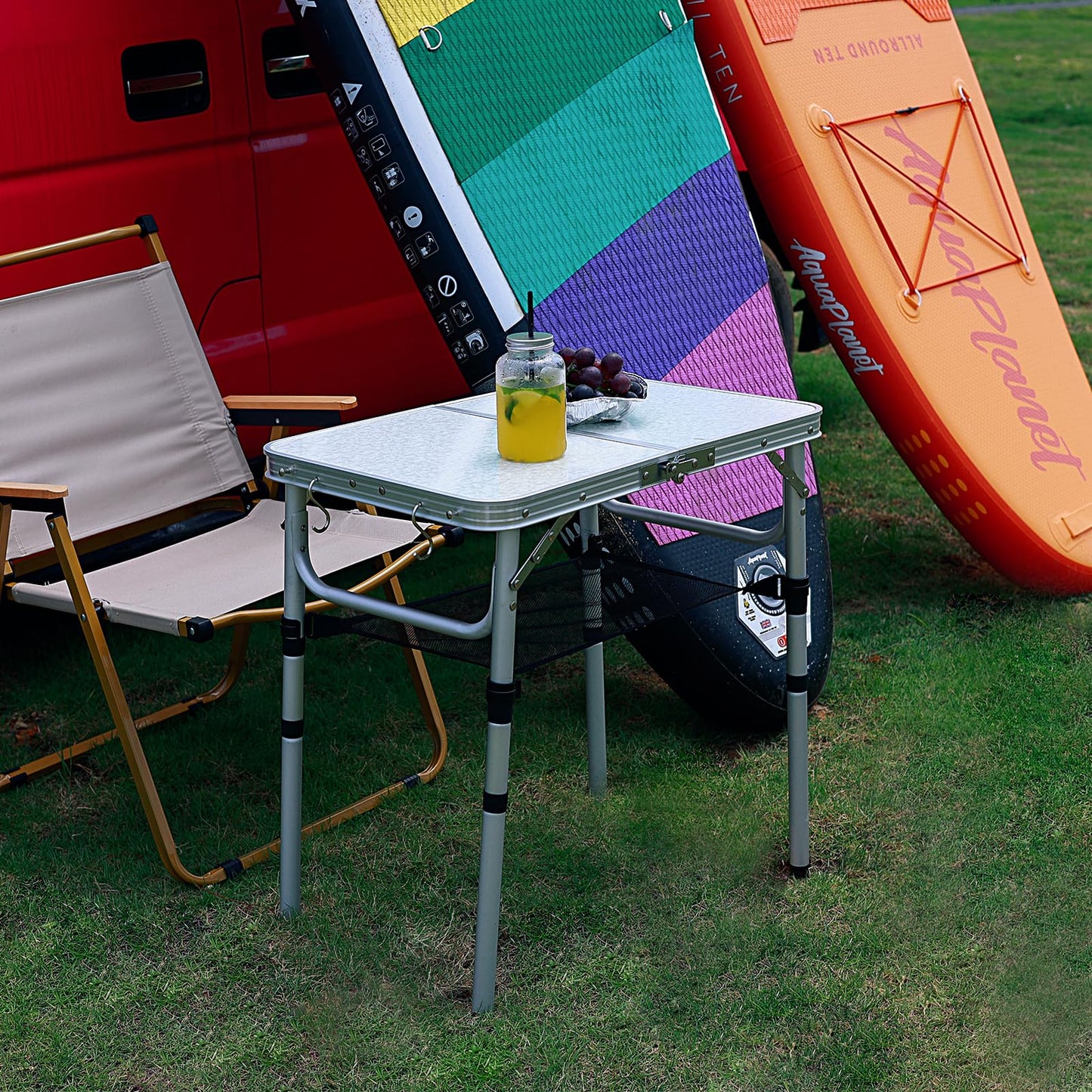 Geastsheng Small Folding Camping Table, 2ft Portable Picnic Table Aluminum 24" x 16" Folding Table, 3 Adjustable Heights Portable Lightweight Table Dining Table for RV, Picnic, Beach (White)