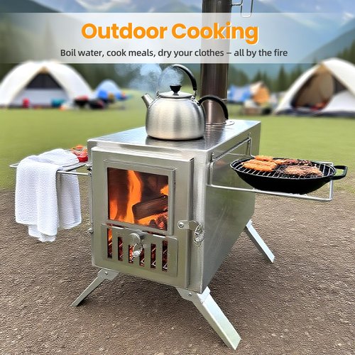 TOUNTO Wood Burning Stove,Portable Camping Stove with Chimney Pipes,Front Window,Side Racks,Mini Wood Stove for Outside Tent,Cookout,Truck Travel and inside Woodcutter's Cottage