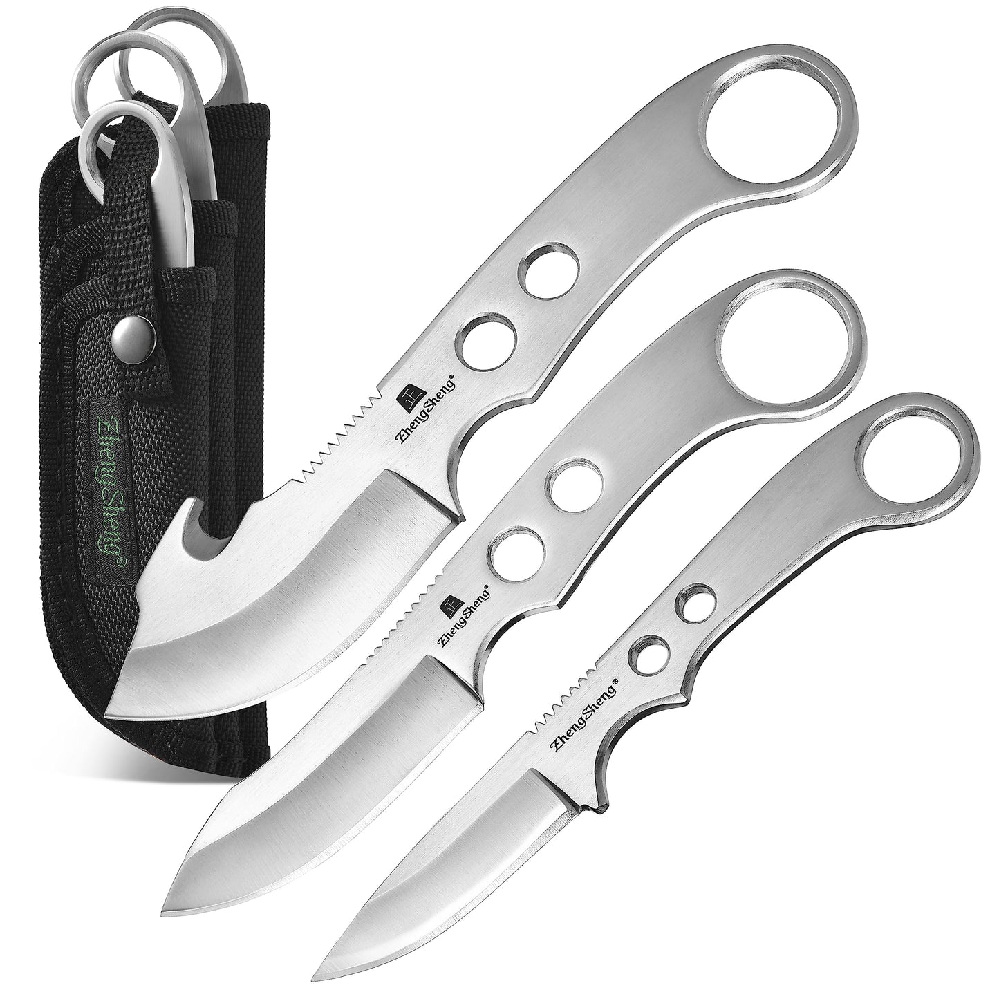 ZhengSheng 3 Piece Full Tang Fixed Blade Knives, Survival Knives Bowie knife and Gut Hook Knife with Nylon Sheath for Hiking, Outdoor Camping Activities