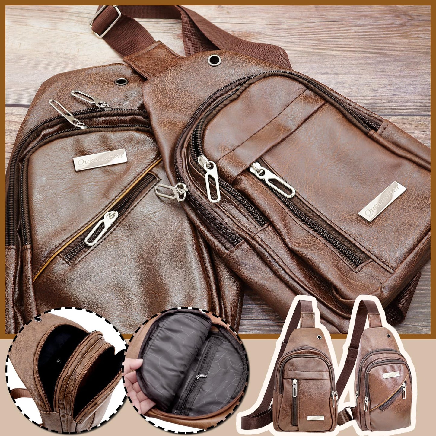 QuneusHot 2Pcs Sling Bags for Crossbody Small Leather Backpack Anti Theft Casual Chest Bag Travel Hiking for Men Women Coffee